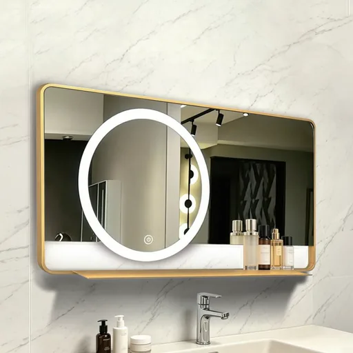 Framed Rectangle Mirror with Round LED Ring and Shelf — WLM-1100
