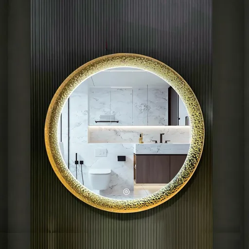 Round LED Mirror with Hammered Gold Ring — WLM-1104