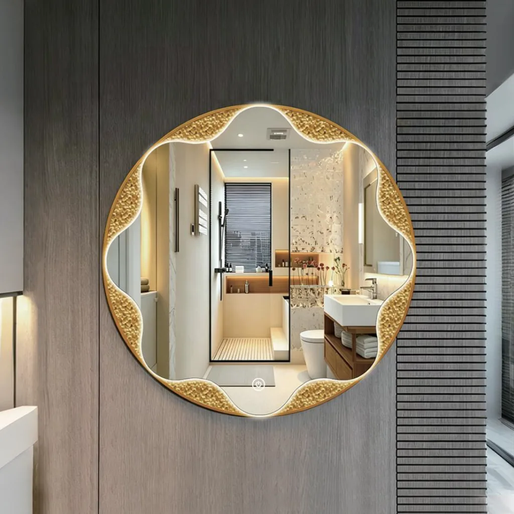 Round Wave-Edge LED Mirror with Hammered Gold Frame — WLM-1105