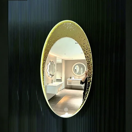 Oval LED Mirror with Hammered Gold Ring — WLM-1106