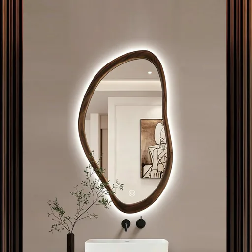 Organic Shape Walnut Frame LED Mirror — WLM-1107