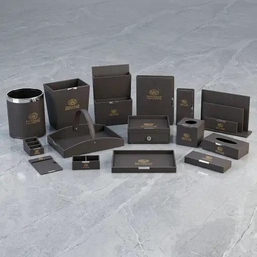 PU Leather 15-Piece Amenities Set with Sachet Holder Box With 3 Compartment