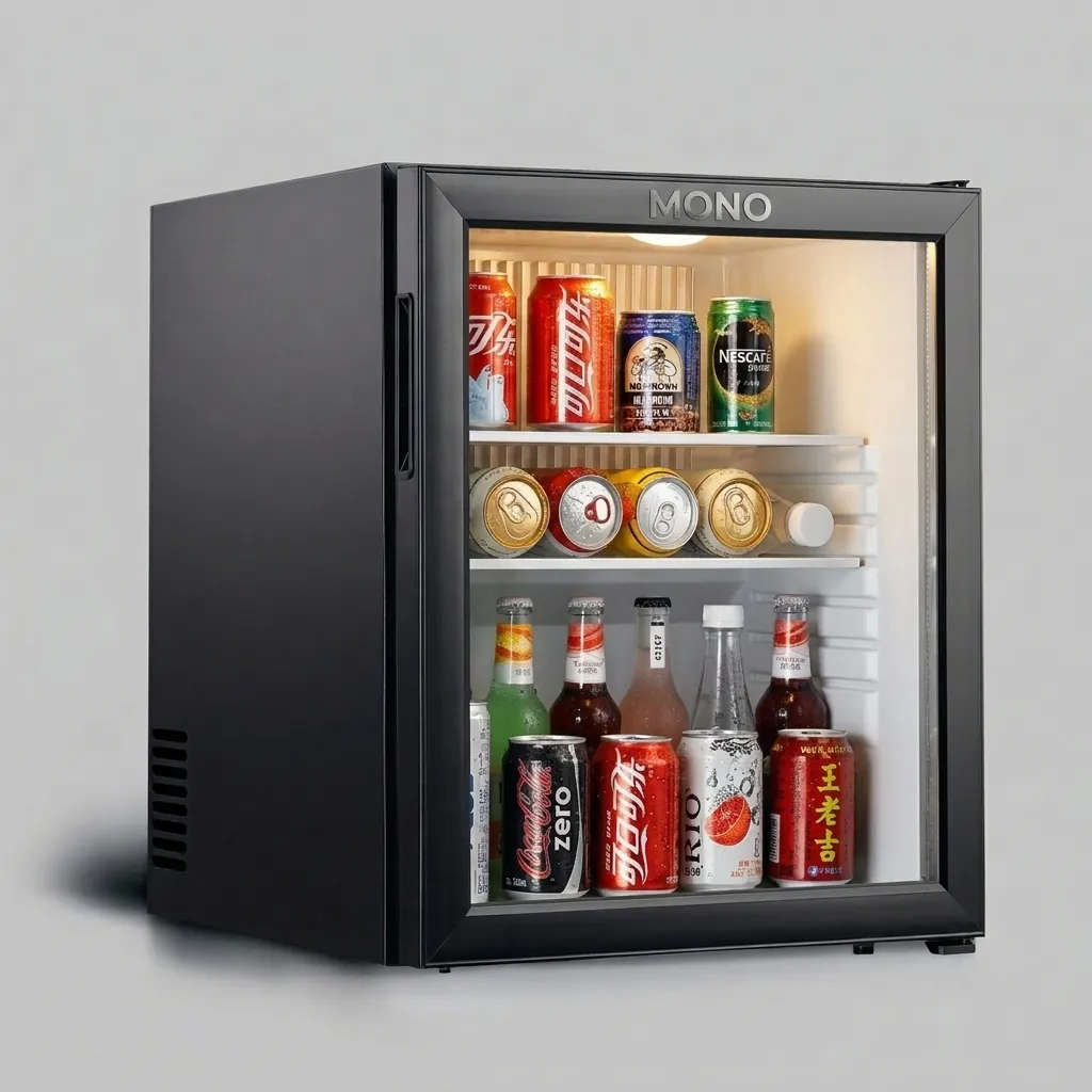 Absorption Mini Bar 60L with Glass Door — MBA-1024 — A 60L absorption minibar with a triple-glazed glass door and internal LED light for elegant in-room display. The absorption cooling system runs with no compressor, so it stays silent and vibration-free, while being Freon-free and energy-saving. An electronic thermostat with daily auto-defrost holds 5 to 12 degrees. (image 1)