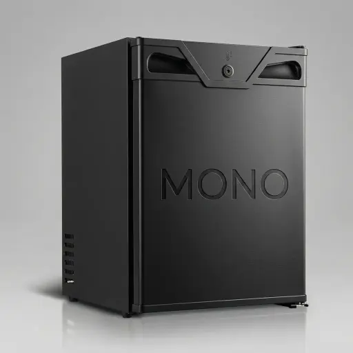 Absorption Mini Bar 40L with Solid Door — MBA-1027 — A 40L absorption minibar with a solid door and internal LED light for quiet, discreet cooling. The compressor-free absorption system runs silent and vibration-free, is Freon-free and energy-saving, holding 0 to 8 degrees. An electronic thermostat with daily auto-defrost removes manual upkeep.
