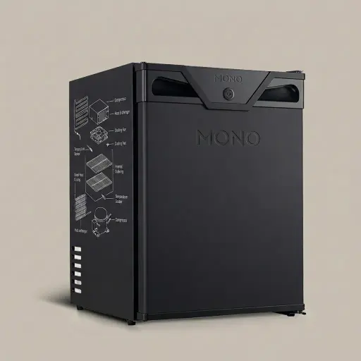 Absorption Mini Bar 25L with Solid Door — MBA-1031 — A compact 25L absorption minibar with a solid door and internal LED light for quiet, discreet cooling. The compressor-free absorption system runs silent, vibration-free and Freon-free, holding 0 to 8 degrees. Measures 40x40x45cm with a daily auto-defrost thermostat.