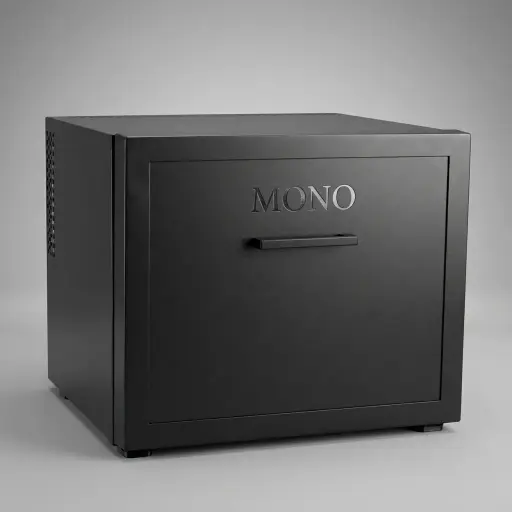 Thermoelectric Mini Bar Drawer 45ltr — MBD-1028 — A 45L thermoelectric drawer minibar with a solid door that slides out and fits flush into cabinetry. The compressor-free design runs at 0dB with no vibration or CFC, holding 6 to 15 degrees with internal LED light and energy-saving operation. Measures 49x45.5x42.5cm, finished in black.