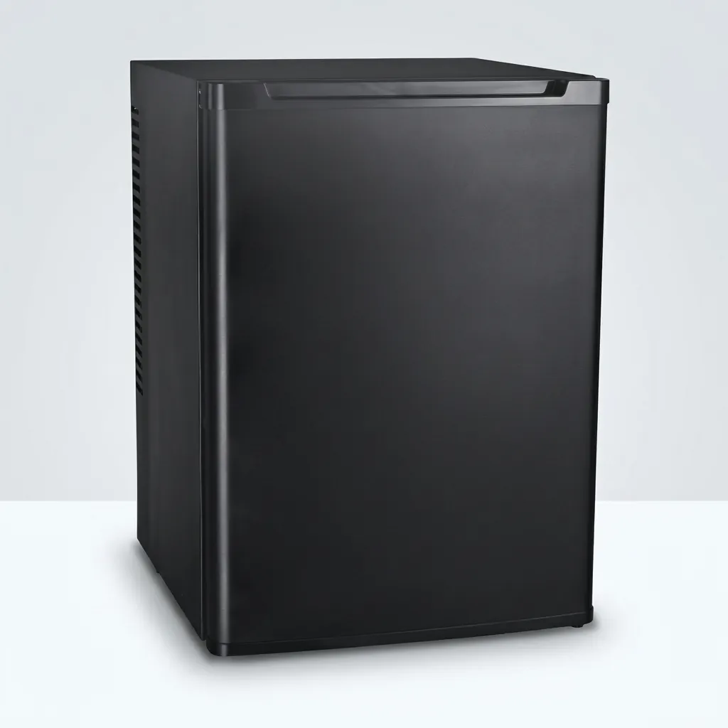 Thermo Absorption Mini Bar 40L with Magic Shelf [1024] — MBF-1024 — A 40L thermoelectric minibar with a solid door and a magic-shelf design that adapts to different bottle sizes. The compressor-free system runs silent at 0dB with no vibration or CFC, holding 5 to 12 degrees with internal LED light and a reversible door. Measures 40x42x56cm, in black or white. (image 2)