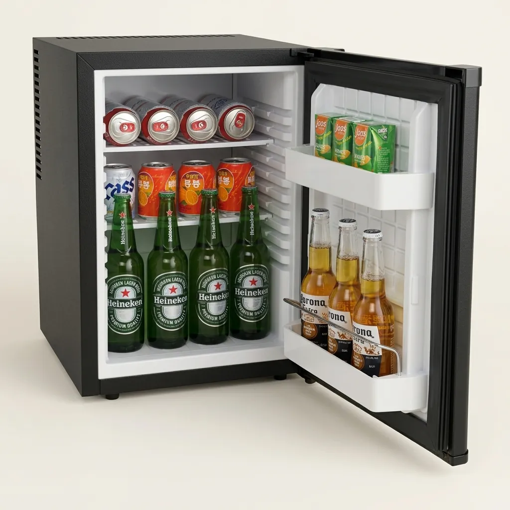 Thermo Absorption Mini Bar 40L with Magic Shelf [1024] — MBF-1024 — A 40L thermoelectric minibar with a solid door and a magic-shelf design that adapts to different bottle sizes. The compressor-free system runs silent at 0dB with no vibration or CFC, holding 5 to 12 degrees with internal LED light and a reversible door. Measures 40x42x56cm, in black or white. (image 3)