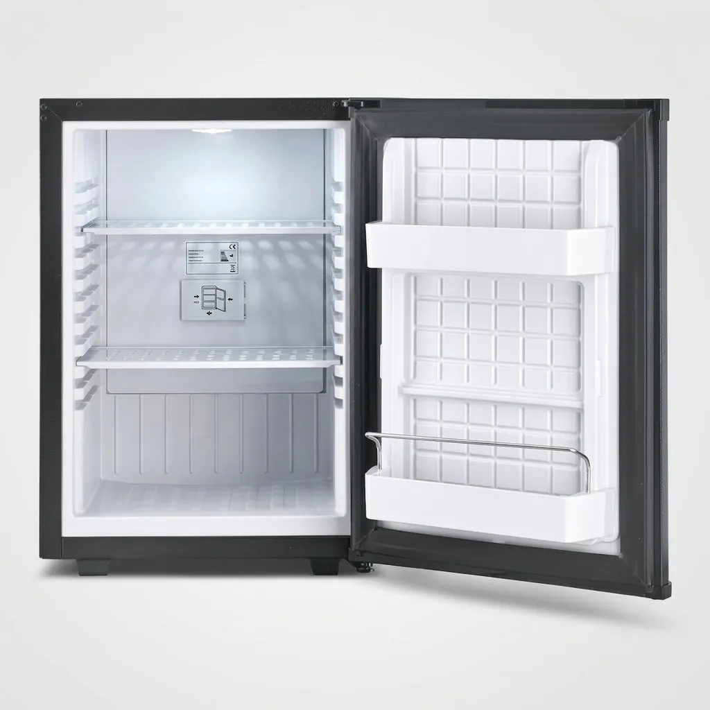 Thermo Absorption Mini Bar 40L with Magic Shelf [1024] — MBF-1024 — A 40L thermoelectric minibar with a solid door and a magic-shelf design that adapts to different bottle sizes. The compressor-free system runs silent at 0dB with no vibration or CFC, holding 5 to 12 degrees with internal LED light and a reversible door. Measures 40x42x56cm, in black or white. (image 4)