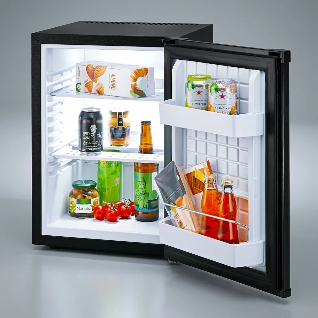 Thermo Absorption Mini Bar 40L with Magic Shelf [1024] — MBF-1024 — A 40L thermoelectric minibar with a solid door and a magic-shelf design that adapts to different bottle sizes. The compressor-free system runs silent at 0dB with no vibration or CFC, holding 5 to 12 degrees with internal LED light and a reversible door. Measures 40x42x56cm, in black or white. (image 5)