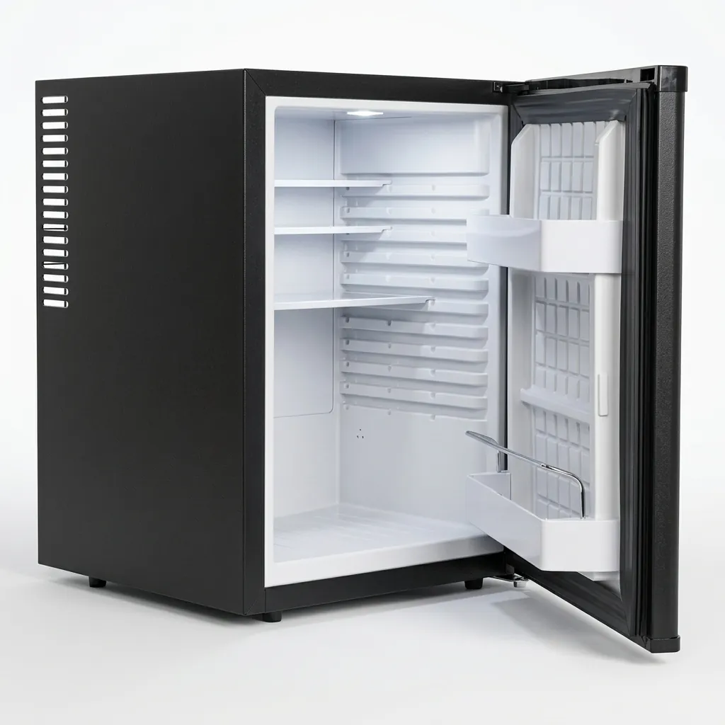 Thermo Absorption Mini Bar 40L with Magic Shelf [1024] — MBF-1024 — A 40L thermoelectric minibar with a solid door and a magic-shelf design that adapts to different bottle sizes. The compressor-free system runs silent at 0dB with no vibration or CFC, holding 5 to 12 degrees with internal LED light and a reversible door. Measures 40x42x56cm, in black or white. (image 6)