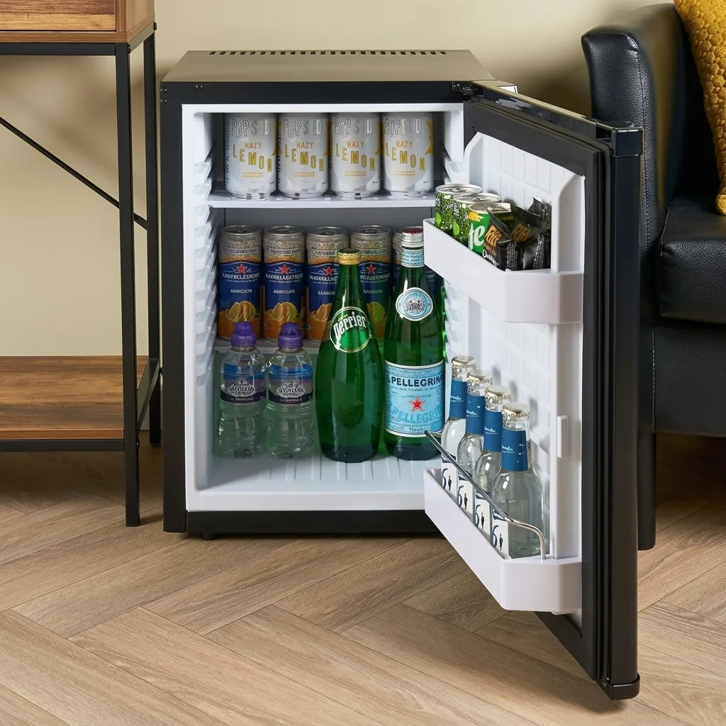 Thermo Absorption Mini Bar 40L with Magic Shelf [1024] — MBF-1024 — A 40L thermoelectric minibar with a solid door and a magic-shelf design that adapts to different bottle sizes. The compressor-free system runs silent at 0dB with no vibration or CFC, holding 5 to 12 degrees with internal LED light and a reversible door. Measures 40x42x56cm, in black or white. (image 7)