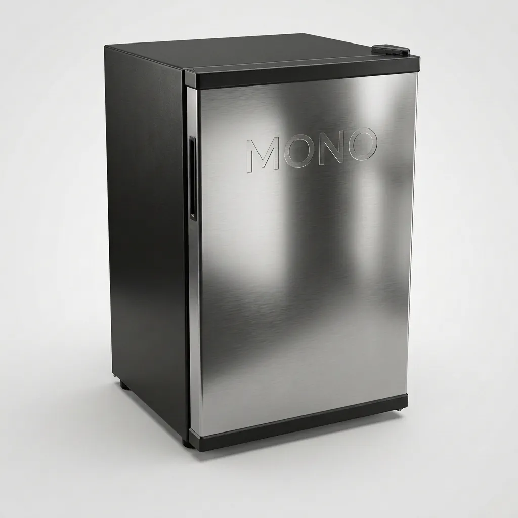 Semi-Conductor Mini Bar 65L with LED — MBF-1025 — A 65L thermoelectric minibar with a solid door and refrigerant-free semiconductor cooling for whisper-quiet operation under 15dB. Adjustable temperature control holds 5 to 15 degrees, with internal LED light and a magic shelf for varied bottle sizes. Measures 46x54x73.8cm, in black or white. (image 1)