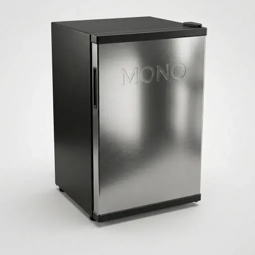 Semi-Conductor Mini Bar 65L with LED — MBF-1025 — A 65L thermoelectric minibar with a solid door and refrigerant-free semiconductor cooling for whisper-quiet operation under 15dB. Adjustable temperature control holds 5 to 15 degrees, with internal LED light and a magic shelf for varied bottle sizes. Measures 46x54x73.8cm, in black or white.