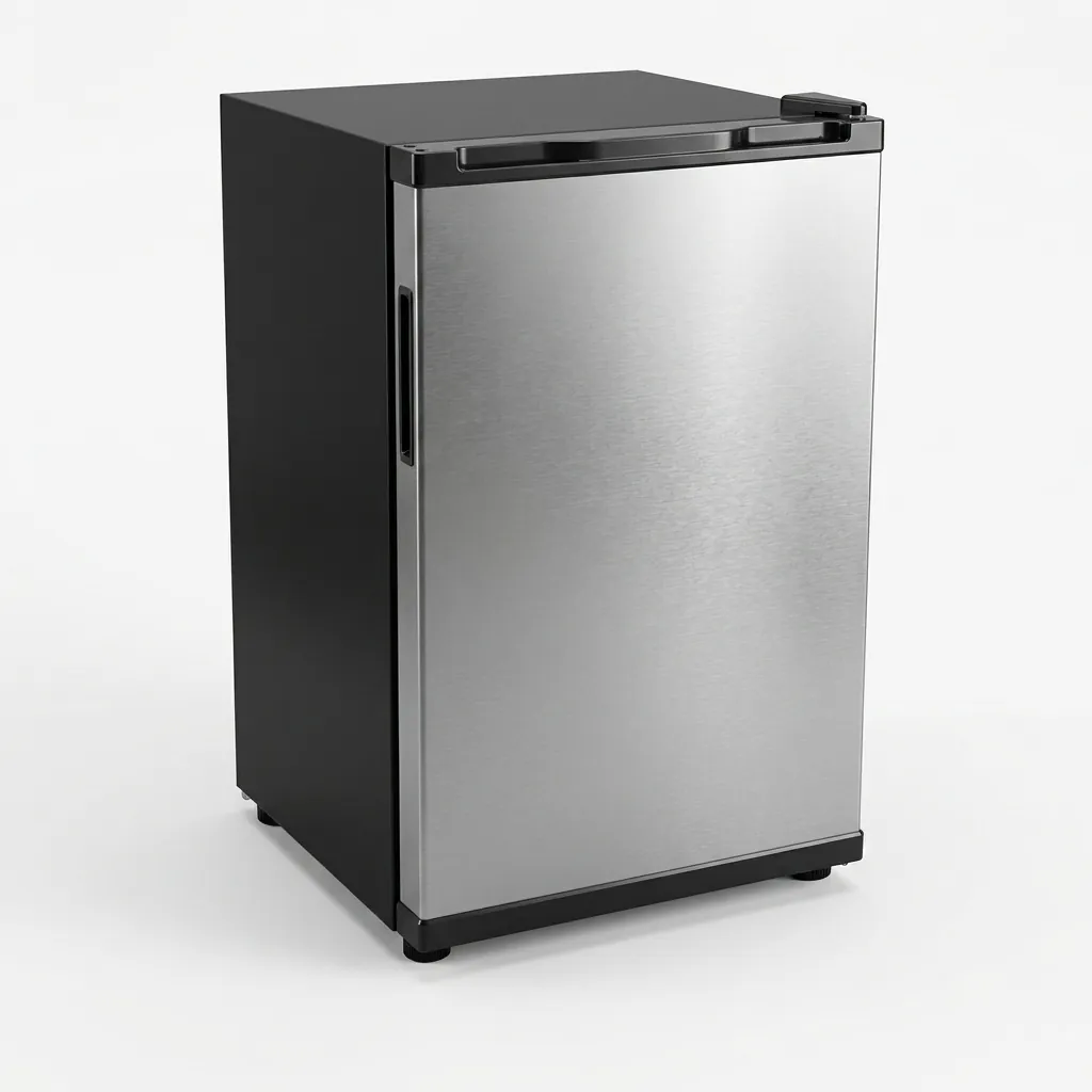 Semi-Conductor Mini Bar 65L with LED — MBF-1025 — A 65L thermoelectric minibar with a solid door and refrigerant-free semiconductor cooling for whisper-quiet operation under 15dB. Adjustable temperature control holds 5 to 15 degrees, with internal LED light and a magic shelf for varied bottle sizes. Measures 46x54x73.8cm, in black or white. (image 2)