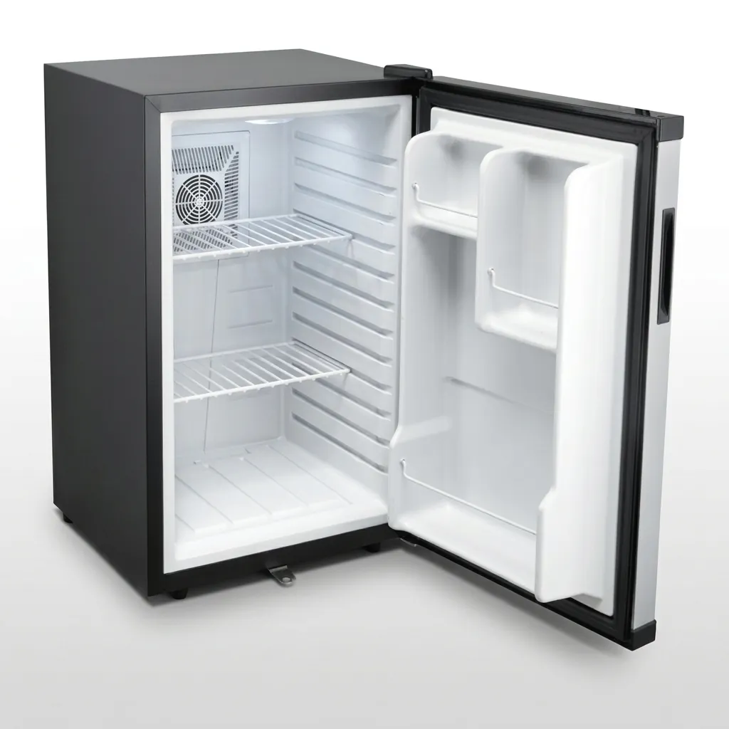 Semi-Conductor Mini Bar 65L with LED — MBF-1025 — A 65L thermoelectric minibar with a solid door and refrigerant-free semiconductor cooling for whisper-quiet operation under 15dB. Adjustable temperature control holds 5 to 15 degrees, with internal LED light and a magic shelf for varied bottle sizes. Measures 46x54x73.8cm, in black or white. (image 3)