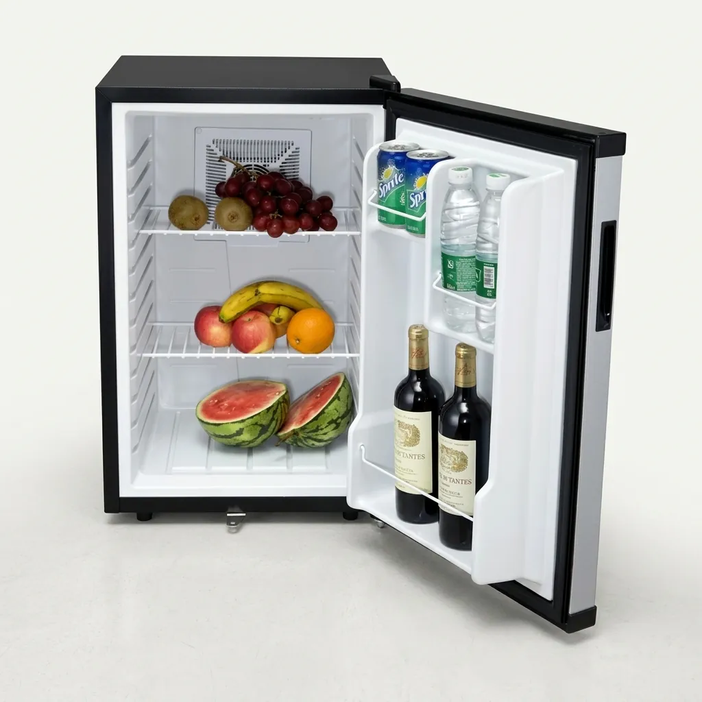 Semi-Conductor Mini Bar 65L with LED — MBF-1025 — A 65L thermoelectric minibar with a solid door and refrigerant-free semiconductor cooling for whisper-quiet operation under 15dB. Adjustable temperature control holds 5 to 15 degrees, with internal LED light and a magic shelf for varied bottle sizes. Measures 46x54x73.8cm, in black or white. (image 4)