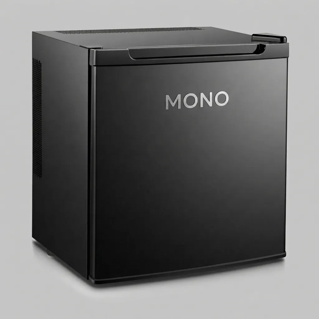 Semi-Conductor Mini Bar 50L with LED — MBF-1026 — A 50L thermoelectric minibar with a solid door and refrigerant-free semiconductor cooling for quiet, eco-friendly operation. Adjustable temperature control holds 5 to 15 degrees, with internal LED light and a magic shelf for different bottle sizes. Measures 50x42x51.8cm, in black or white. (image 1)