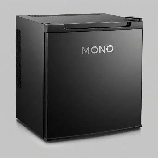 Semi-Conductor Mini Bar 50L with LED — MBF-1026 — A 50L thermoelectric minibar with a solid door and refrigerant-free semiconductor cooling for quiet, eco-friendly operation. Adjustable temperature control holds 5 to 15 degrees, with internal LED light and a magic shelf for different bottle sizes. Measures 50x42x51.8cm, in black or white.