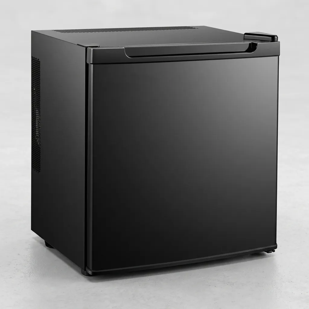 Semi-Conductor Mini Bar 50L with LED — MBF-1026 — A 50L thermoelectric minibar with a solid door and refrigerant-free semiconductor cooling for quiet, eco-friendly operation. Adjustable temperature control holds 5 to 15 degrees, with internal LED light and a magic shelf for different bottle sizes. Measures 50x42x51.8cm, in black or white. (image 2)