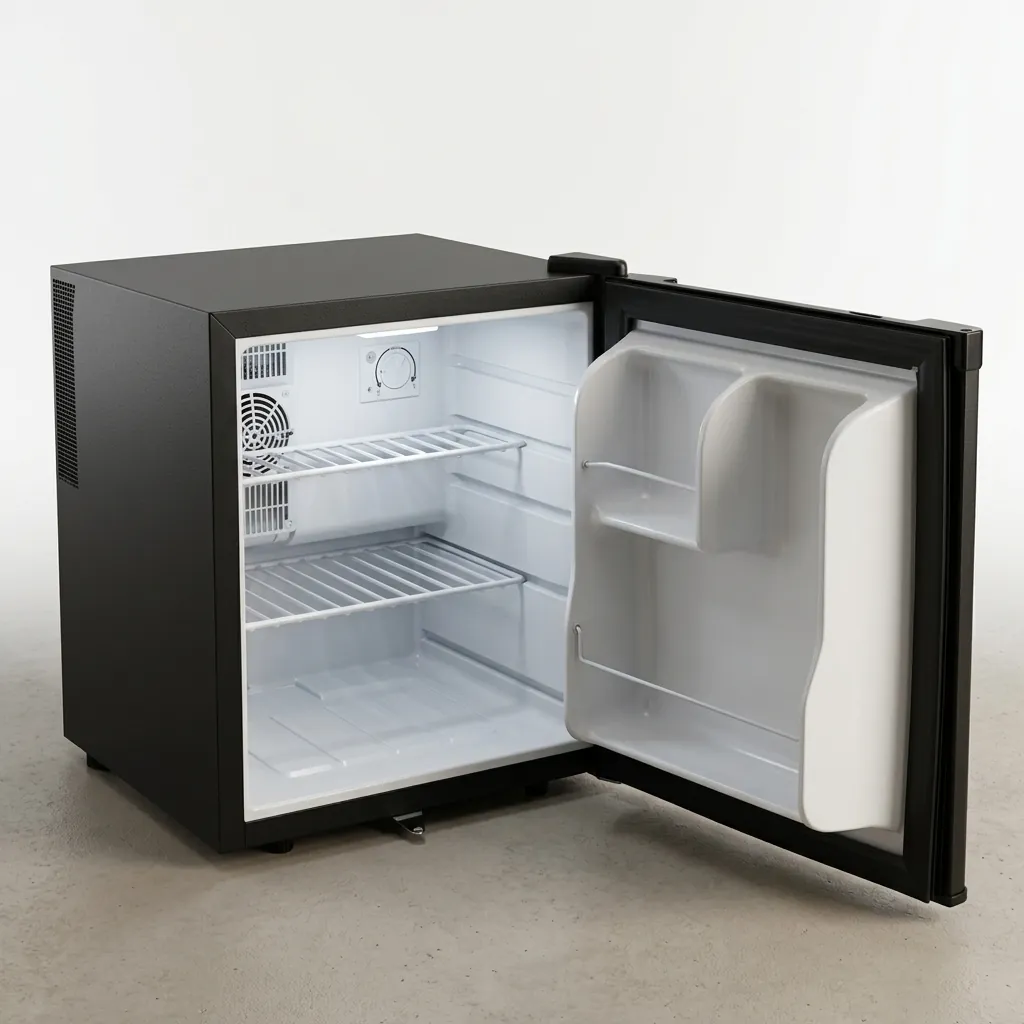 Semi-Conductor Mini Bar 50L with LED — MBF-1026 — A 50L thermoelectric minibar with a solid door and refrigerant-free semiconductor cooling for quiet, eco-friendly operation. Adjustable temperature control holds 5 to 15 degrees, with internal LED light and a magic shelf for different bottle sizes. Measures 50x42x51.8cm, in black or white. (image 3)