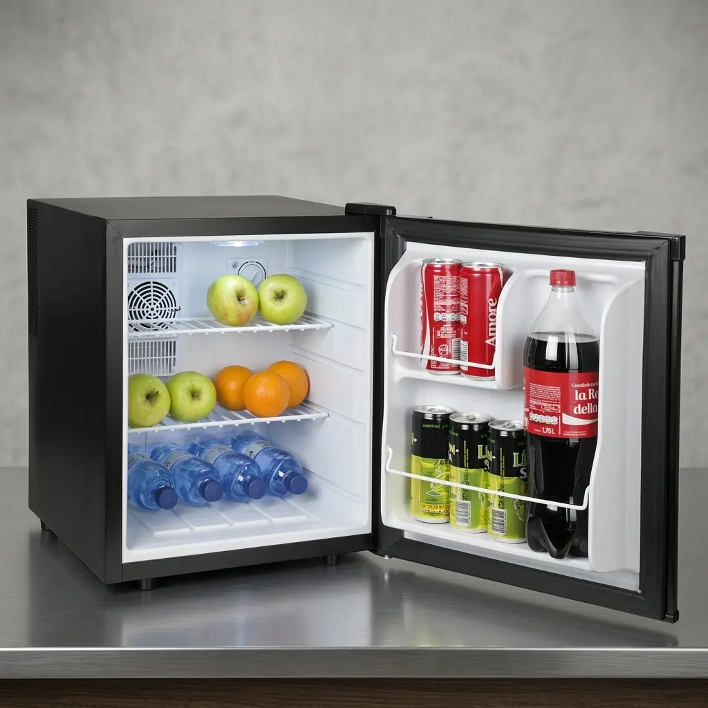Semi-Conductor Mini Bar 50L with LED — MBF-1026 — A 50L thermoelectric minibar with a solid door and refrigerant-free semiconductor cooling for quiet, eco-friendly operation. Adjustable temperature control holds 5 to 15 degrees, with internal LED light and a magic shelf for different bottle sizes. Measures 50x42x51.8cm, in black or white. (image 4)