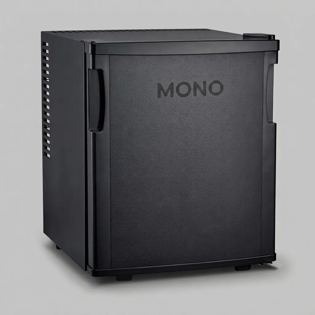 Thermo Absorption Mini Bar 20L with Magic Shelf [1027] — MBF-1027 — A compact 20L thermoelectric minibar with a solid door and a magic-shelf design for varied bottle sizes. The compressor-free system runs silent at 0dB with no vibration or CFC, holding 6 to 15 degrees with internal LED light and a reversible door. Measures 36x39x43cm, in black or white. (image 1)