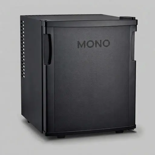 Thermo Absorption Mini Bar 20L with Magic Shelf [1027] — MBF-1027 — A compact 20L thermoelectric minibar with a solid door and a magic-shelf design for varied bottle sizes. The compressor-free system runs silent at 0dB with no vibration or CFC, holding 6 to 15 degrees with internal LED light and a reversible door. Measures 36x39x43cm, in black or white.