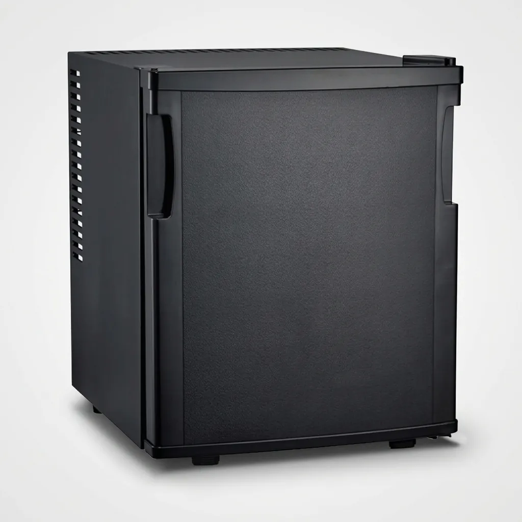 Thermo Absorption Mini Bar 20L with Magic Shelf [1027] — MBF-1027 — A compact 20L thermoelectric minibar with a solid door and a magic-shelf design for varied bottle sizes. The compressor-free system runs silent at 0dB with no vibration or CFC, holding 6 to 15 degrees with internal LED light and a reversible door. Measures 36x39x43cm, in black or white. (image 2)