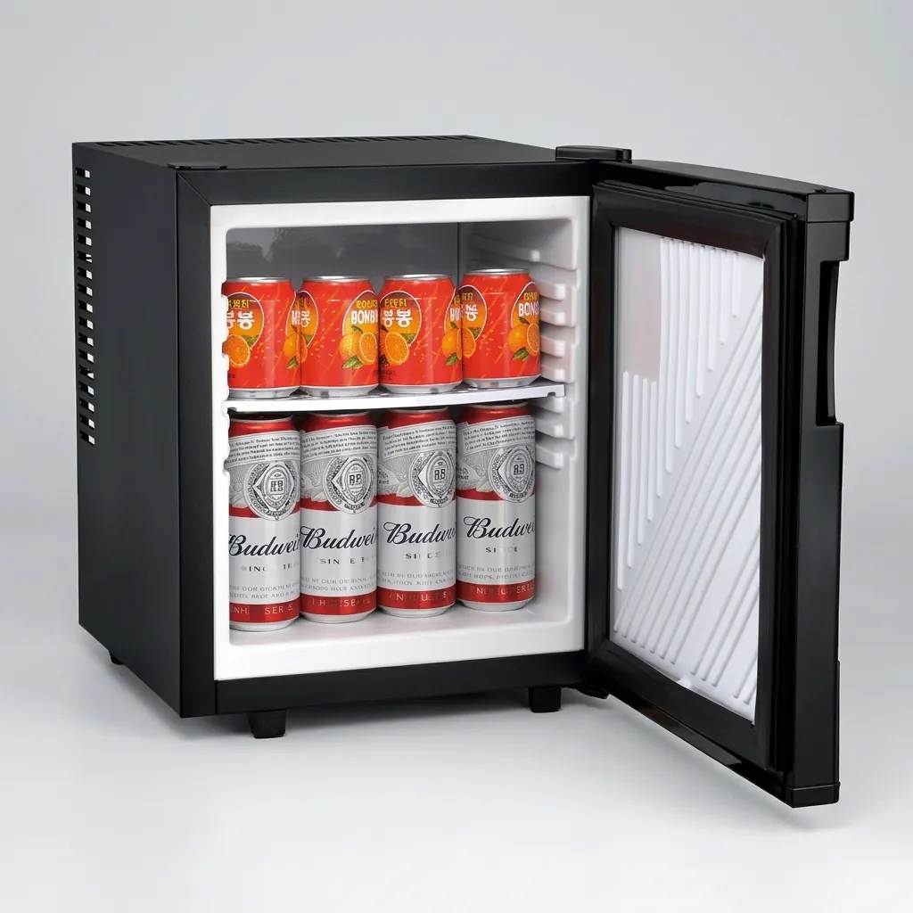 Thermo Absorption Mini Bar 20L with Magic Shelf [1027] — MBF-1027 — A compact 20L thermoelectric minibar with a solid door and a magic-shelf design for varied bottle sizes. The compressor-free system runs silent at 0dB with no vibration or CFC, holding 6 to 15 degrees with internal LED light and a reversible door. Measures 36x39x43cm, in black or white. (image 3)