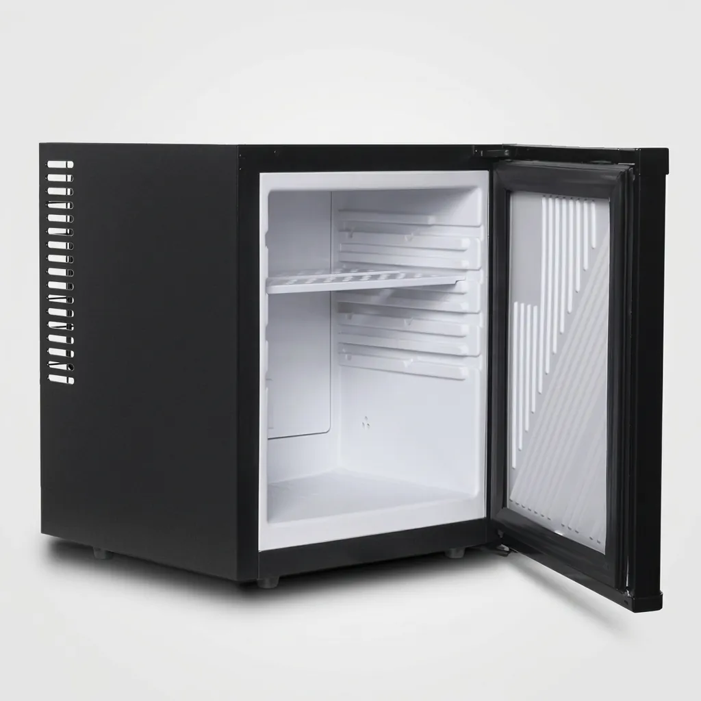 Thermo Absorption Mini Bar 20L with Magic Shelf [1027] — MBF-1027 — A compact 20L thermoelectric minibar with a solid door and a magic-shelf design for varied bottle sizes. The compressor-free system runs silent at 0dB with no vibration or CFC, holding 6 to 15 degrees with internal LED light and a reversible door. Measures 36x39x43cm, in black or white. (image 4)