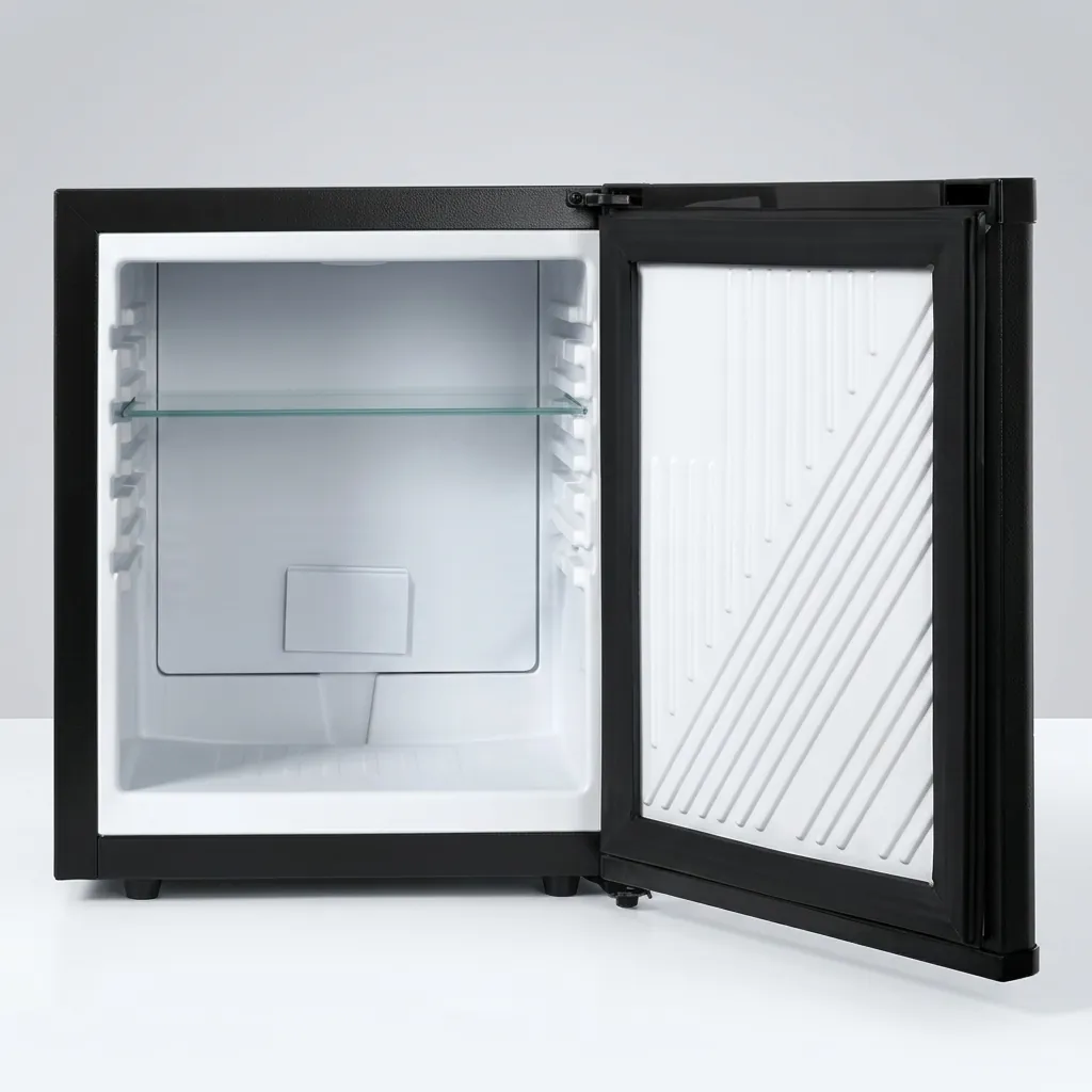 Thermo Absorption Mini Bar 20L with Magic Shelf [1027] — MBF-1027 — A compact 20L thermoelectric minibar with a solid door and a magic-shelf design for varied bottle sizes. The compressor-free system runs silent at 0dB with no vibration or CFC, holding 6 to 15 degrees with internal LED light and a reversible door. Measures 36x39x43cm, in black or white. (image 5)