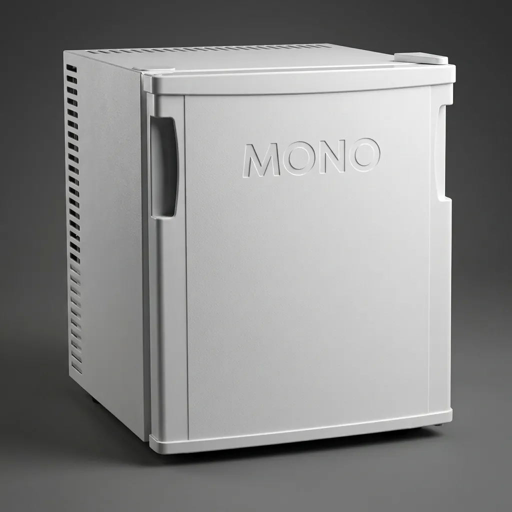Thermo Absorption Mini Bar 20L with Magic Shelf [1028] — MBF-1028 — A compact 20L thermoelectric minibar with a solid door and a reversible-door design for flexible placement. The compressor-free system runs silent at 0dB with no vibration or CFC, holding 6 to 15 degrees with a magic shelf and internal LED light. Measures 36x39x43cm, in black or white. (image 1)