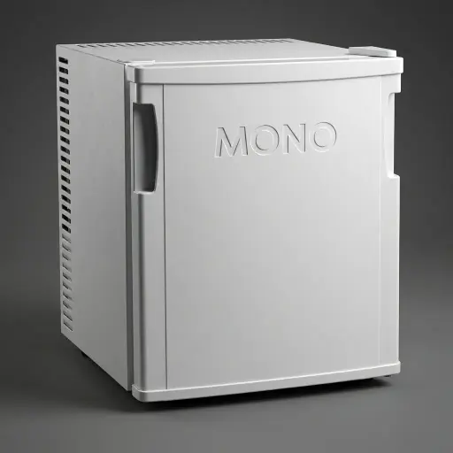 Thermo Absorption Mini Bar 20L with Magic Shelf [1028] — MBF-1028 — A compact 20L thermoelectric minibar with a solid door and a reversible-door design for flexible placement. The compressor-free system runs silent at 0dB with no vibration or CFC, holding 6 to 15 degrees with a magic shelf and internal LED light. Measures 36x39x43cm, in black or white.