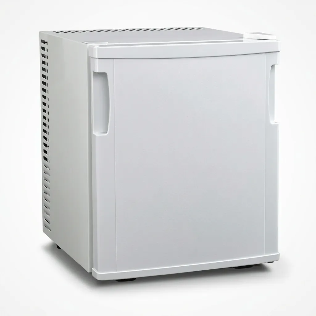 Thermo Absorption Mini Bar 20L with Magic Shelf [1028] — MBF-1028 — A compact 20L thermoelectric minibar with a solid door and a reversible-door design for flexible placement. The compressor-free system runs silent at 0dB with no vibration or CFC, holding 6 to 15 degrees with a magic shelf and internal LED light. Measures 36x39x43cm, in black or white. (image 2)