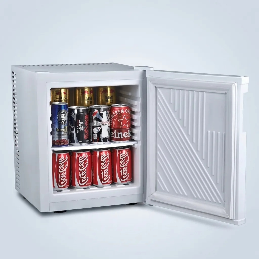 Thermo Absorption Mini Bar 20L with Magic Shelf [1028] — MBF-1028 — A compact 20L thermoelectric minibar with a solid door and a reversible-door design for flexible placement. The compressor-free system runs silent at 0dB with no vibration or CFC, holding 6 to 15 degrees with a magic shelf and internal LED light. Measures 36x39x43cm, in black or white. (image 3)