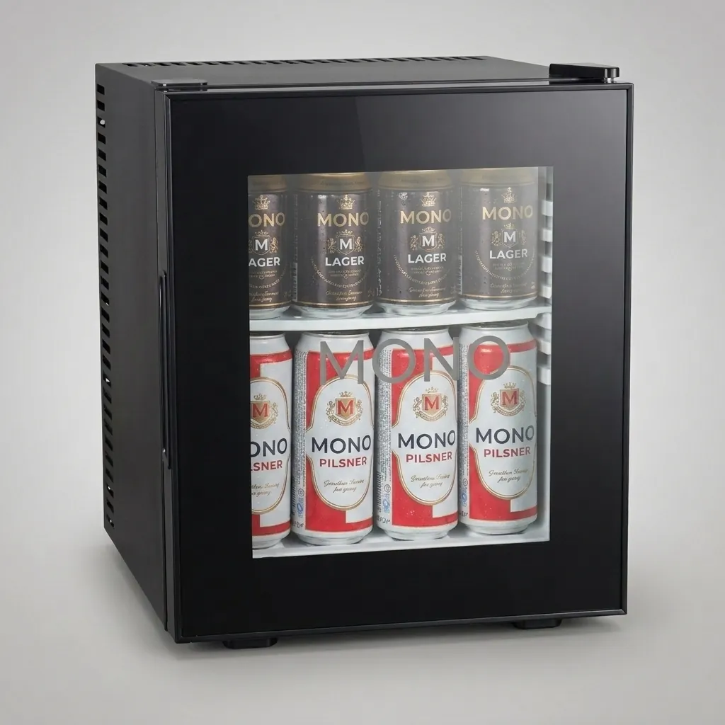 Thermo Absorption Mini Bar 20L with Glass Door — MBF-1029 — A compact 20L thermoelectric minibar with a glass door and internal LED light for in-room display. The compressor-free system runs silent at 0dB with no vibration or CFC, holding 12 to 16 degrees with a magic shelf and reversible door. Measures 36x39x44cm, in black or white. (image 1)