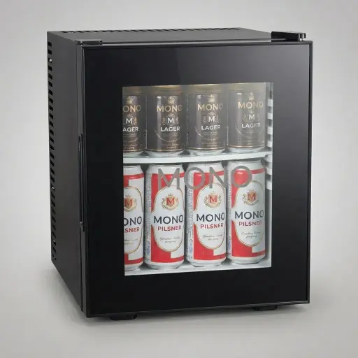 Thermo Absorption Mini Bar 20L with Glass Door — MBF-1029 — A compact 20L thermoelectric minibar with a glass door and internal LED light for in-room display. The compressor-free system runs silent at 0dB with no vibration or CFC, holding 12 to 16 degrees with a magic shelf and reversible door. Measures 36x39x44cm, in black or white.