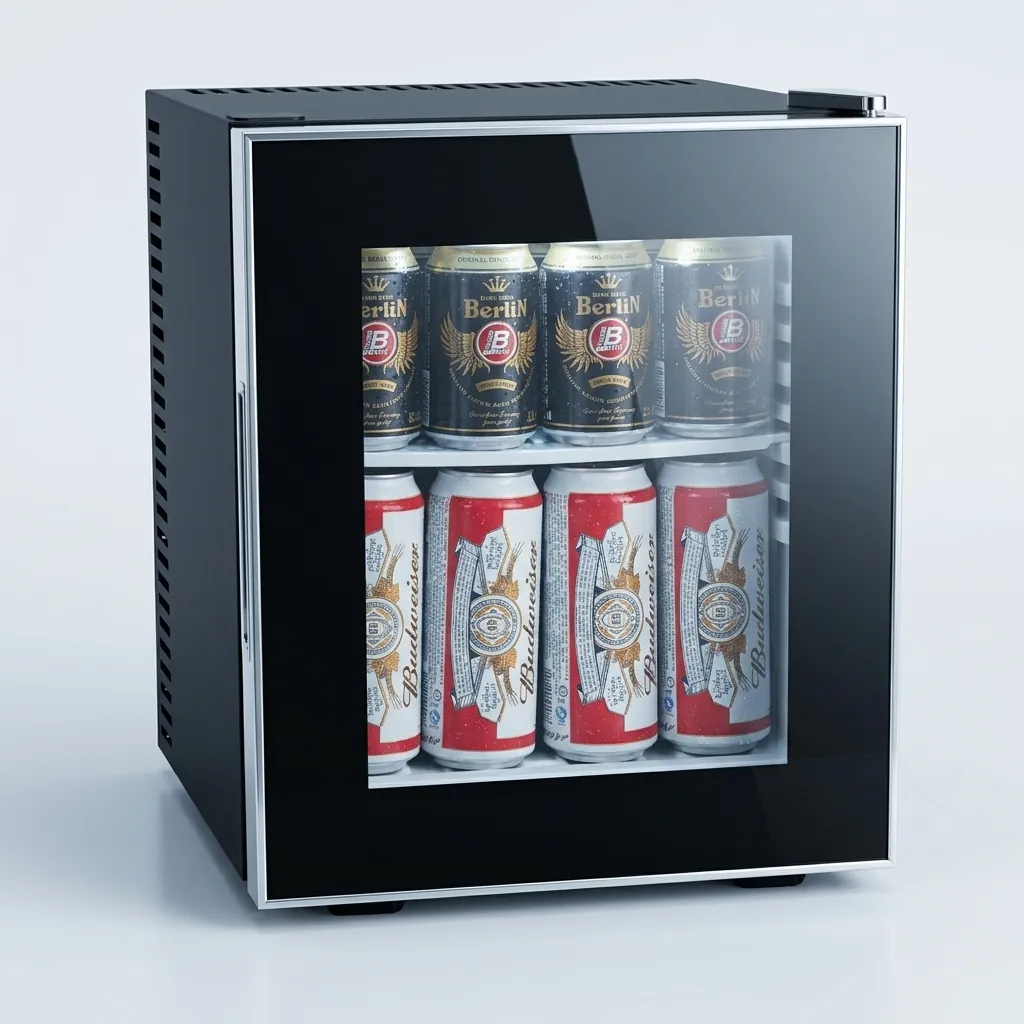 Thermo Absorption Mini Bar 20L with Glass Door — MBF-1029 — A compact 20L thermoelectric minibar with a glass door and internal LED light for in-room display. The compressor-free system runs silent at 0dB with no vibration or CFC, holding 12 to 16 degrees with a magic shelf and reversible door. Measures 36x39x44cm, in black or white. (image 2)