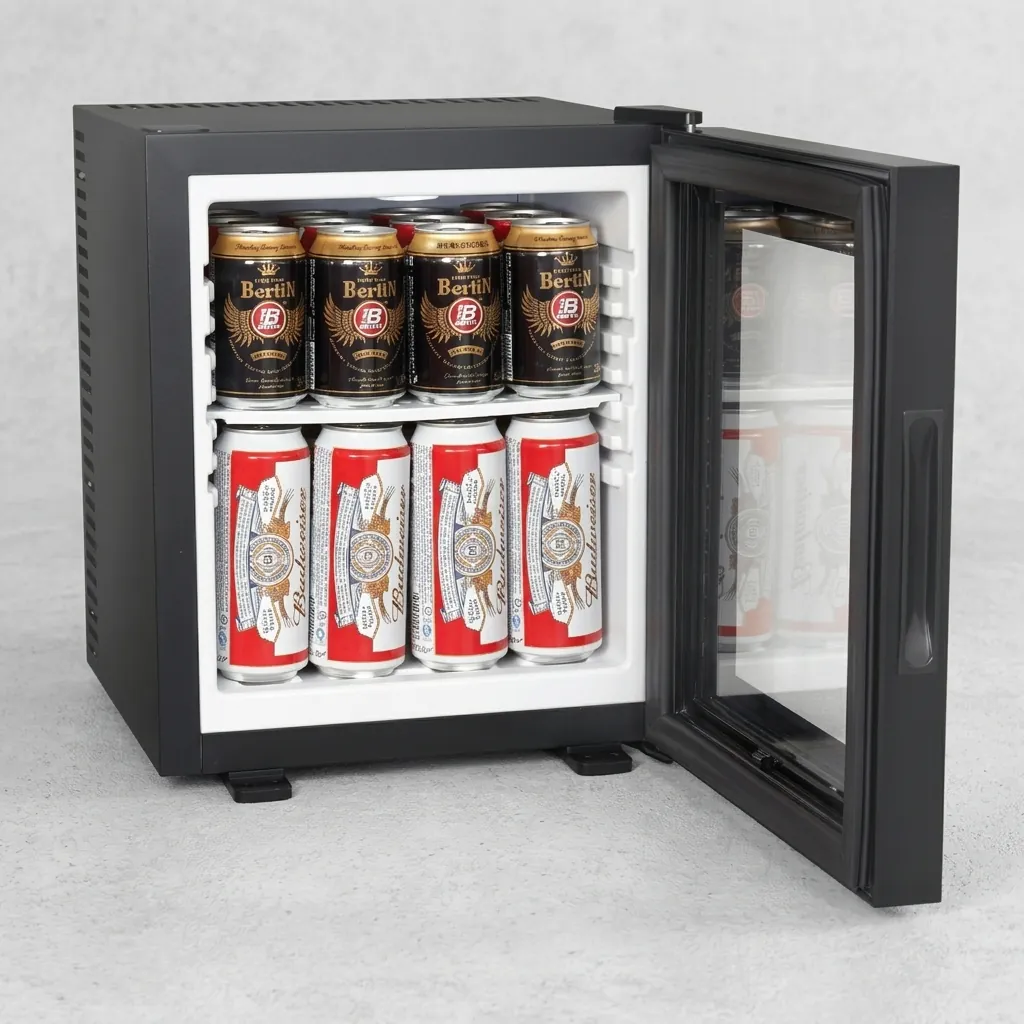 Thermo Absorption Mini Bar 20L with Glass Door — MBF-1029 — A compact 20L thermoelectric minibar with a glass door and internal LED light for in-room display. The compressor-free system runs silent at 0dB with no vibration or CFC, holding 12 to 16 degrees with a magic shelf and reversible door. Measures 36x39x44cm, in black or white. (image 3)