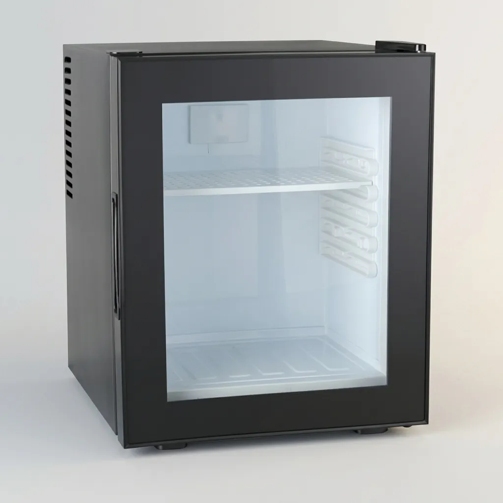 Thermo Absorption Mini Bar 20L with Glass Door — MBF-1029 — A compact 20L thermoelectric minibar with a glass door and internal LED light for in-room display. The compressor-free system runs silent at 0dB with no vibration or CFC, holding 12 to 16 degrees with a magic shelf and reversible door. Measures 36x39x44cm, in black or white. (image 4)