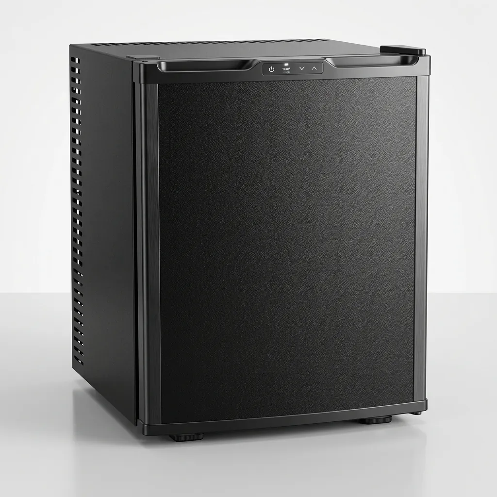 Thermo Absorption Mini Bar 28L with Solid Door — MBF-1030 — A 28L thermoelectric minibar with a solid door and an aluminium interior for efficient cooling. The compressor-free system runs silent at 0dB with no vibration or CFC, holding 8 degrees with a magic shelf, reversible door and internal LED light. Measures 38.5x38.5x48.5cm, in black or white. (image 2)