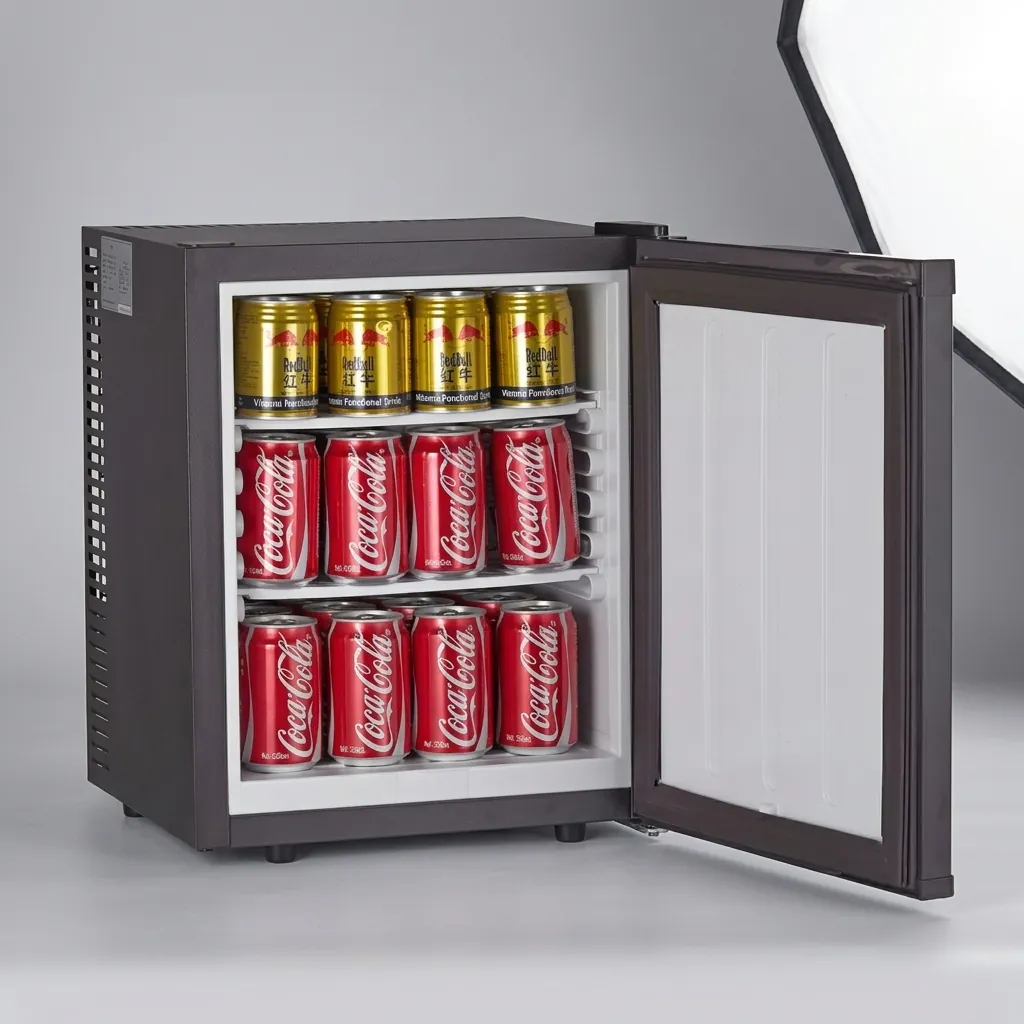 Thermo Absorption Mini Bar 28L with Solid Door — MBF-1030 — A 28L thermoelectric minibar with a solid door and an aluminium interior for efficient cooling. The compressor-free system runs silent at 0dB with no vibration or CFC, holding 8 degrees with a magic shelf, reversible door and internal LED light. Measures 38.5x38.5x48.5cm, in black or white. (image 3)