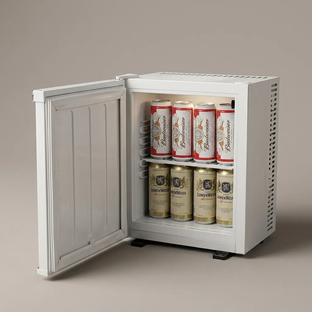 Thermo Absorption Mini Bar 28L with Aluminum Interior [1031] — MBF-1031 — A 28L thermoelectric minibar with a solid door and an aluminium interior for even, efficient cooling. The compressor-free system runs silent with no vibration or CFC, holding 8 degrees with a magic shelf, reversible door and internal LED light. Measures 38.5x38.5x48.5cm, finished in white. (image 2)