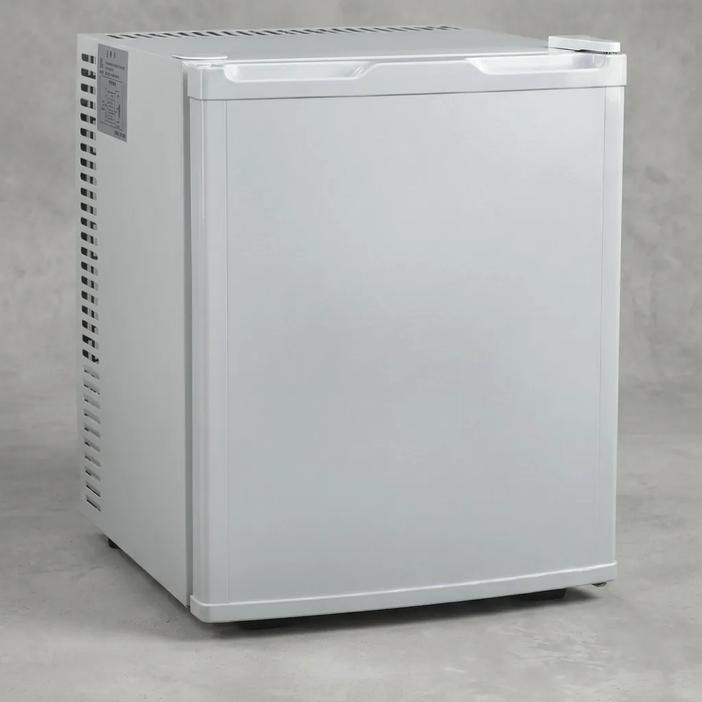 Thermo Absorption Mini Bar 28L with Aluminum Interior [1031] — MBF-1031 — A 28L thermoelectric minibar with a solid door and an aluminium interior for even, efficient cooling. The compressor-free system runs silent with no vibration or CFC, holding 8 degrees with a magic shelf, reversible door and internal LED light. Measures 38.5x38.5x48.5cm, finished in white. (image 3)