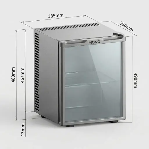 Thermo Absorption Mini Bar 28L with Aluminum Interior [1031] — MBF-1031 — A 28L thermoelectric minibar with a solid door and an aluminium interior for even, efficient cooling. The compressor-free system runs silent with no vibration or CFC, holding 8 degrees with a magic shelf, reversible door and internal LED light. Measures 38.5x38.5x48.5cm, finished in white.