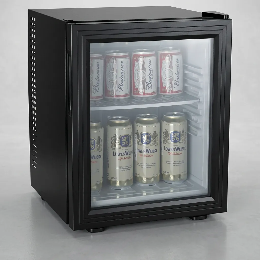 Thermo Absorption Mini Bar 28L with Aluminum Interior [1032] — MBF-1032 — A 28L thermoelectric minibar with a glass door and an aluminium interior for attractive, efficient cooling. The compressor-free system runs silent with no vibration or CFC, holding 12 degrees with a magic shelf, reversible door and internal LED light. Measures 38.5x38.5x48.5cm, finished in black. (image 2)