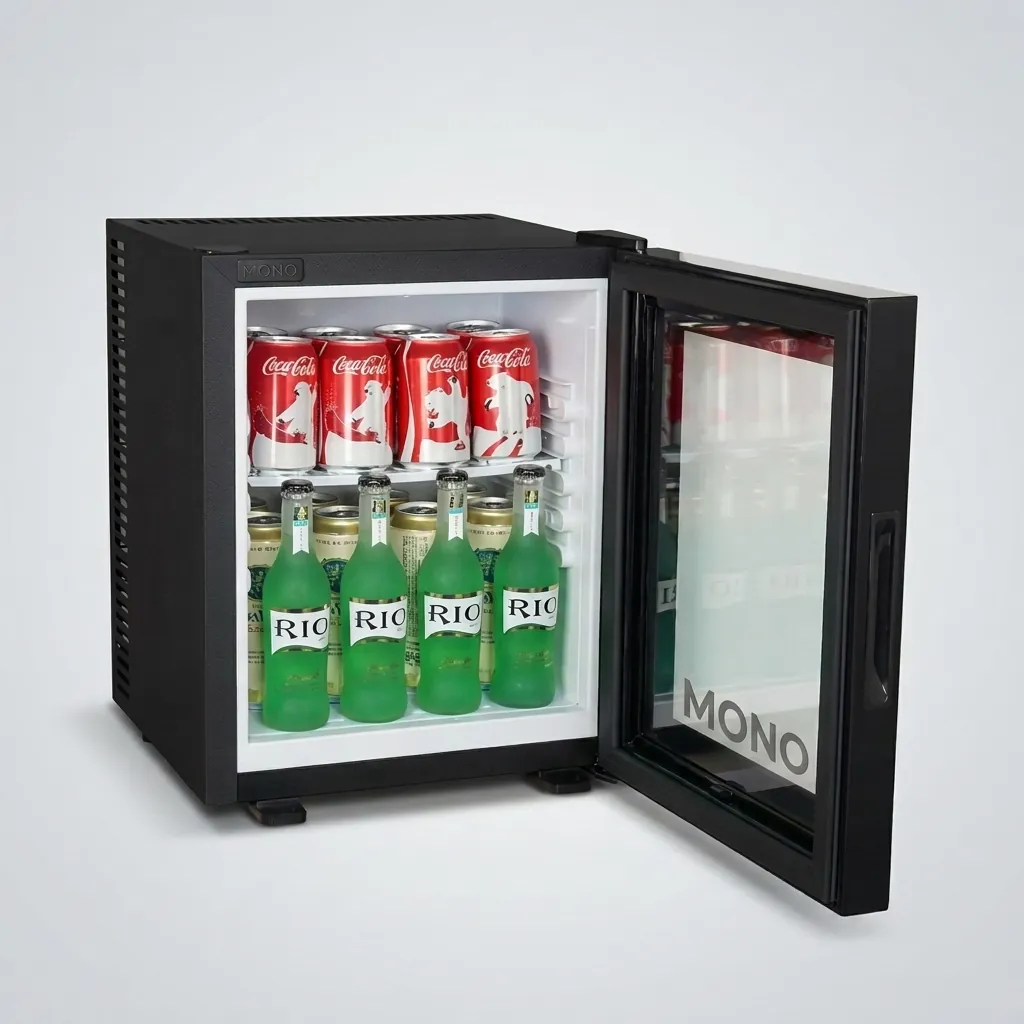 Thermo Absorption Mini Bar 28L with Aluminum Interior [1032] — MBF-1032 — A 28L thermoelectric minibar with a glass door and an aluminium interior for attractive, efficient cooling. The compressor-free system runs silent with no vibration or CFC, holding 12 degrees with a magic shelf, reversible door and internal LED light. Measures 38.5x38.5x48.5cm, finished in black. (image 1)