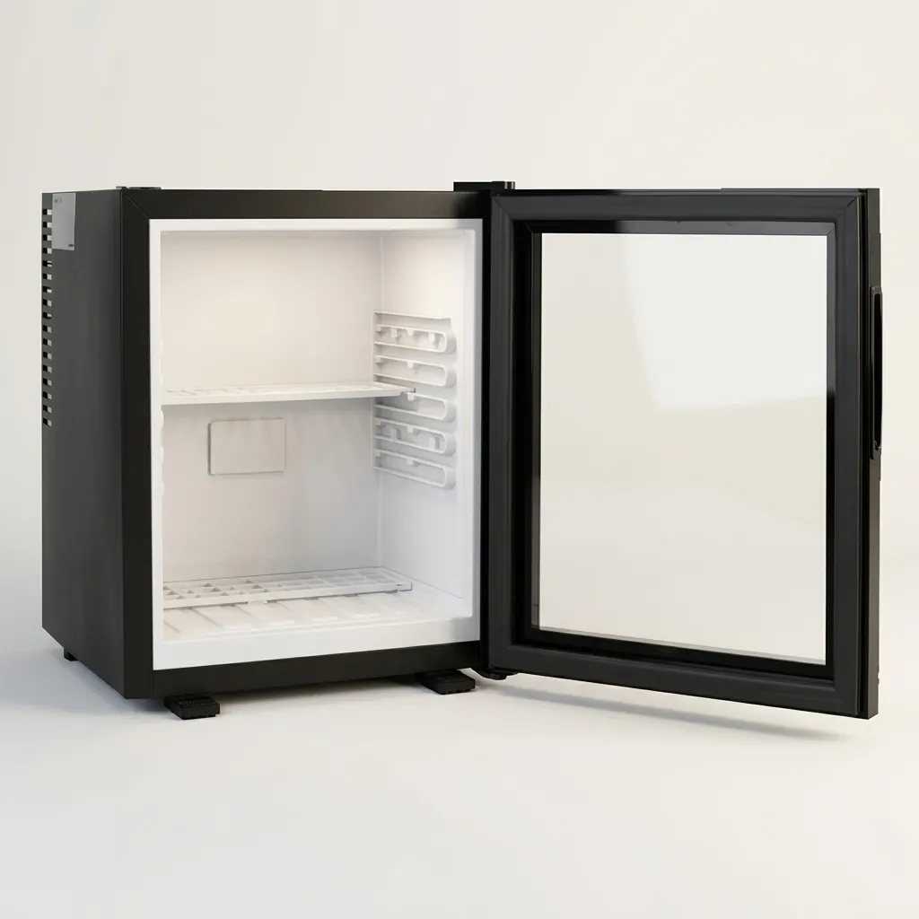 Thermo Absorption Mini Bar 28L with Aluminum Interior [1032] — MBF-1032 — A 28L thermoelectric minibar with a glass door and an aluminium interior for attractive, efficient cooling. The compressor-free system runs silent with no vibration or CFC, holding 12 degrees with a magic shelf, reversible door and internal LED light. Measures 38.5x38.5x48.5cm, finished in black. (image 3)