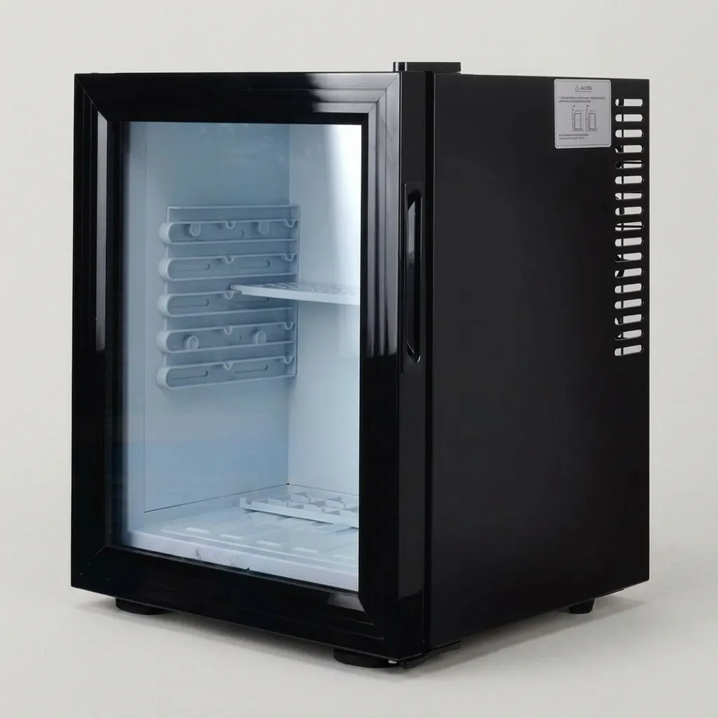 Thermo Absorption Mini Bar 28L with Aluminum Interior [1032] — MBF-1032 — A 28L thermoelectric minibar with a glass door and an aluminium interior for attractive, efficient cooling. The compressor-free system runs silent with no vibration or CFC, holding 12 degrees with a magic shelf, reversible door and internal LED light. Measures 38.5x38.5x48.5cm, finished in black. (image 4)